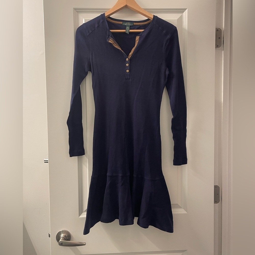 Ralph Lauren Dark Blue waffle knit 100% Cotton Long Sleeve Dress